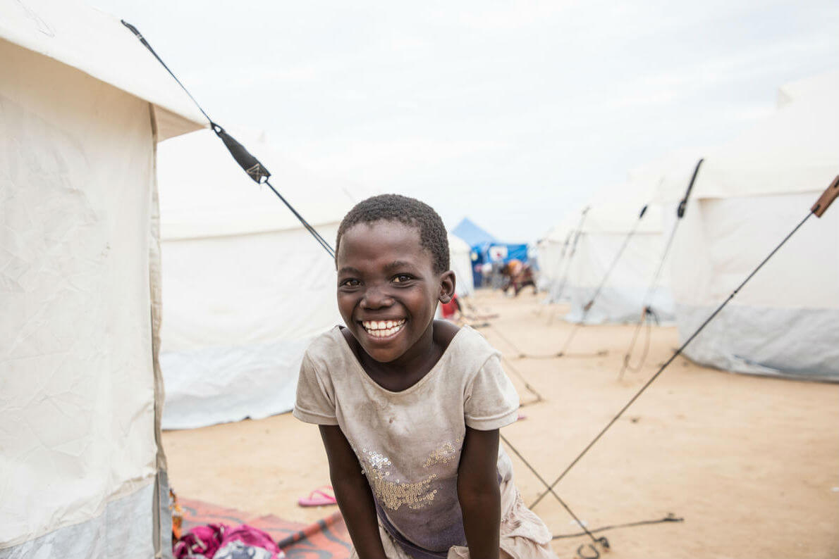 Paula, 8, in a camp for people displaced people after cyclone Idai, Mozambique.