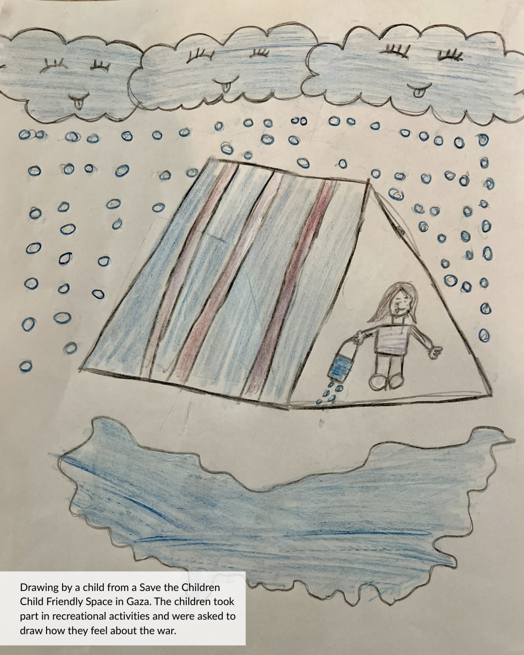 Image shows childs drawing of a tent with heavy rain and puddles